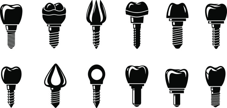 Professional dental implant silhouettes set featuring screw teeth, prosthetic crowns, oral surgery fixtures, prosthetic dentistry components, and stomatology healthcare medical equipment icons.