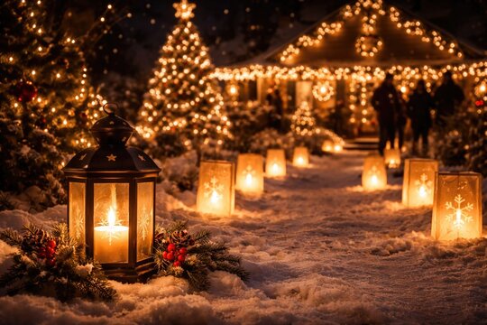 Celebrating Christmas night with warm luminaria lanterns and festive cheer