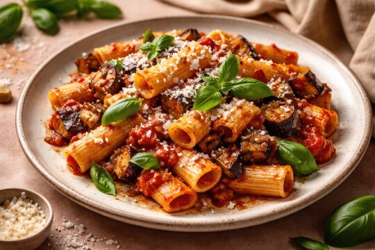 Authentic Italian eggplant pasta dish alla Norma garnished with fresh basil and salted ricotta cheese on a muted pink and beige background.