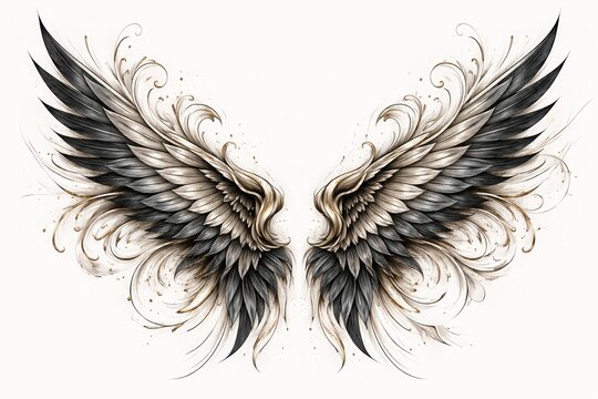 Elegant tattoo style bird wings emphasizing hand drawn elements