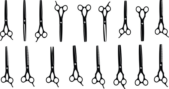 Professional hair cutting scissors silhouettes set featuring thinning shears, barber shop salon tools, hairstylist equipment icons, sharp stainless steel blades for hairdressing.