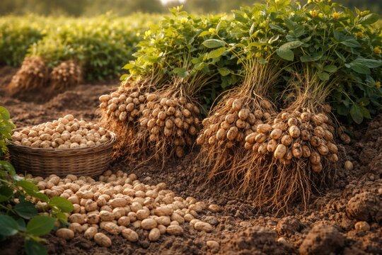 Agricultural display of peanut roots along with groundnuts