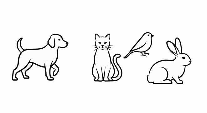 Simple line drawings of a dog, cat, bird, and rabbit on a white background