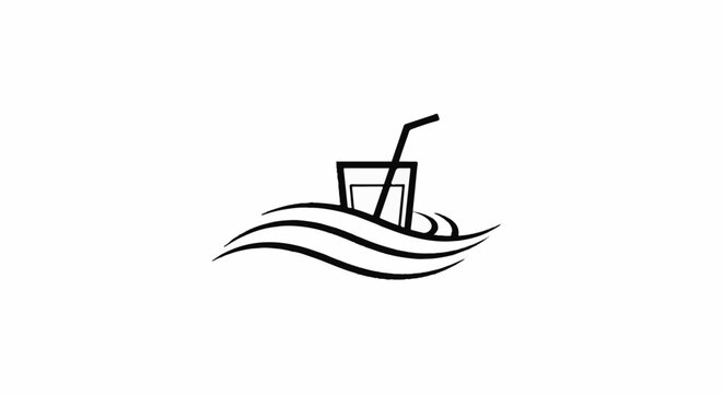 A stylized icon of a drink with a straw floating on waves