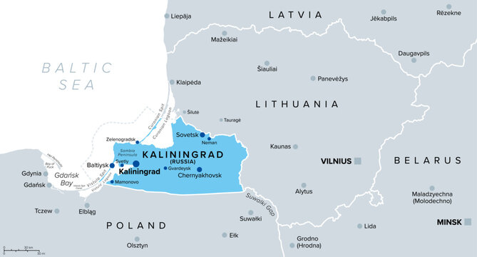 Kaliningrad and vicinity, blue and gray political map. Kaliningrad Oblast, exclave and westernmost federal subject of Russia on Baltic Sea, between Lithuania and Poland, with the Suwalki Gap. Vector