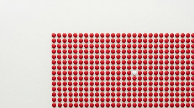 A single contrasting medical pill stands out amidst a collection of identical ones