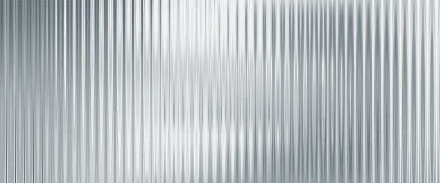 Silver acrylic ribbed glass texture background with fluted plastic panel and soft blurred light reflections. Abstract surface with subtle gradients for modern minimal design.