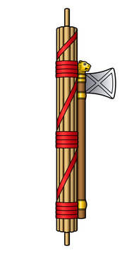 Fasces, a bound bundle of wooden rods with an axe. Ancient Roman symbol of absolute  power and to punish subjects. Also symbol of conformity and to stay in line. Colored isolated illustration. Vector