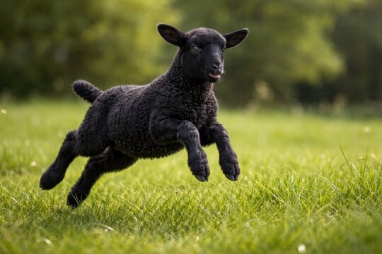Full length view of black sheep frolicking in fresh grass