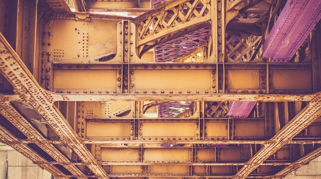 Detailed view of industrial infrastructure featuring steel beams and cross bracing elements