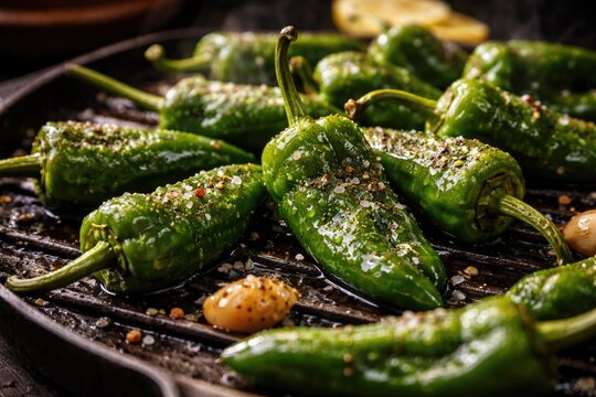 Close up of fresh Padron peppers prepared for grilling as a Galician appetizer
