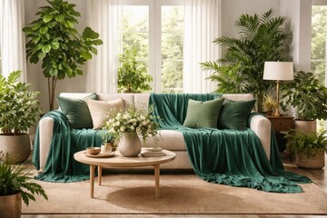 Naklejka premium Living room design showcasing an emerald draped cover on a beige couch with bright green foliage