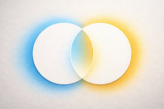 Diagram with two white circles overlapping highlighted by blue and yellow tones on a light canvas