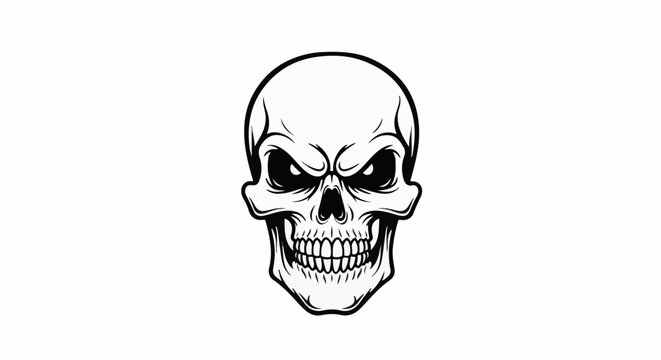 Detailed graphic illustration of a human skull with menacing eyes and bared teeth