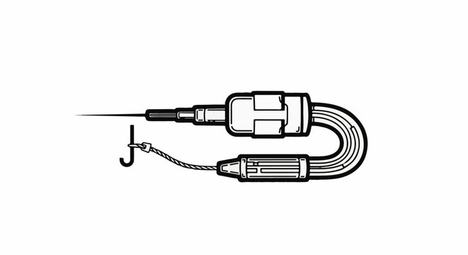 Stylized line drawing of a needle, wire, and hook assembly