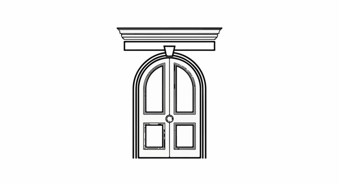 An arched double door with a decorative cornice above
