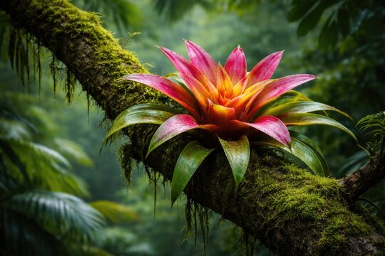 Colorful bromeliad perched on moss covered tree branch