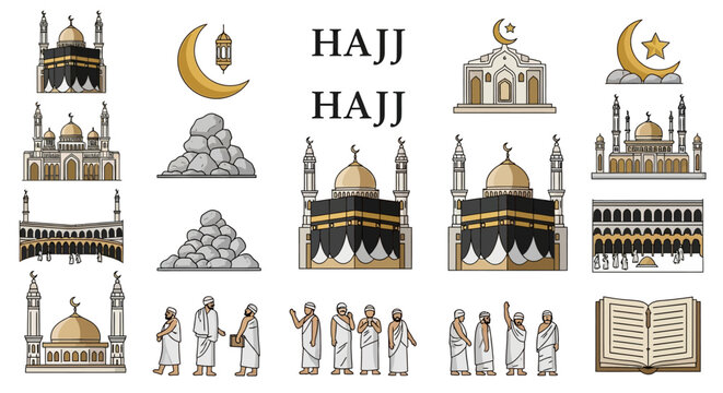 Isolated vector illustration showcases various elements associated with the Hajj pilgrimage, including the Kaaba, mosques, and pilgrims in traditional attire, set against a clean white