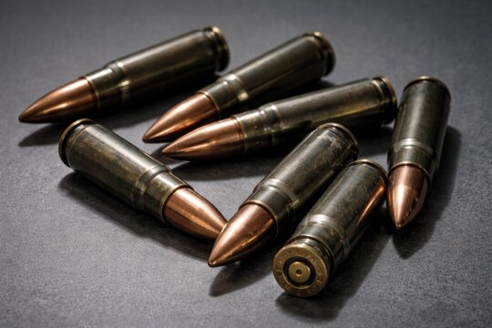 Close perspective of seven 762 caliber Kalashnikov shells on matte gray surface
