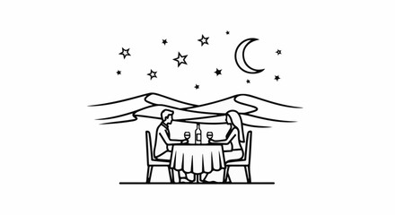 Fototapeta premium Couple dining outdoors under a crescent moon and starry sky