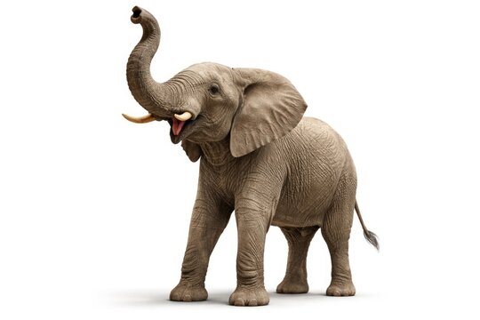 Cheerful elephant standing tall with trunk up on plain white surface