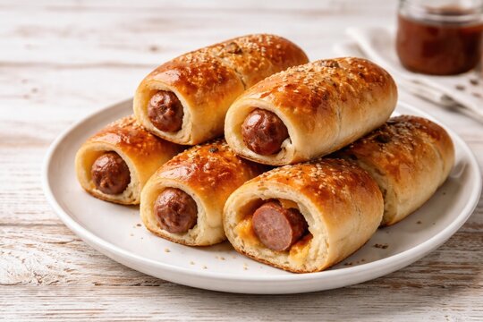 Artisan beef sausage kolache on white plate featuring copyspace and whitewashed wooden background
