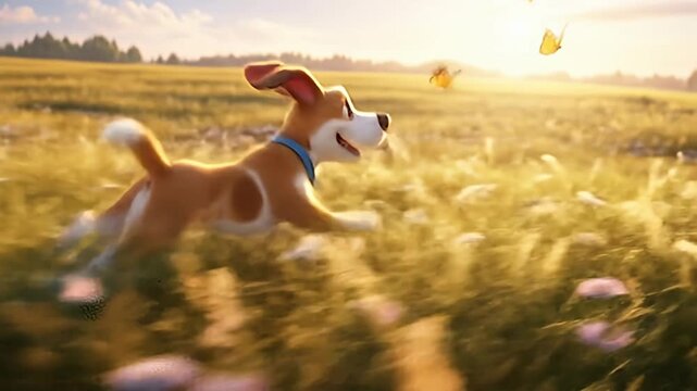 Animated dog runs through a sunny meadow chasing butterflies in a golden, bright scene