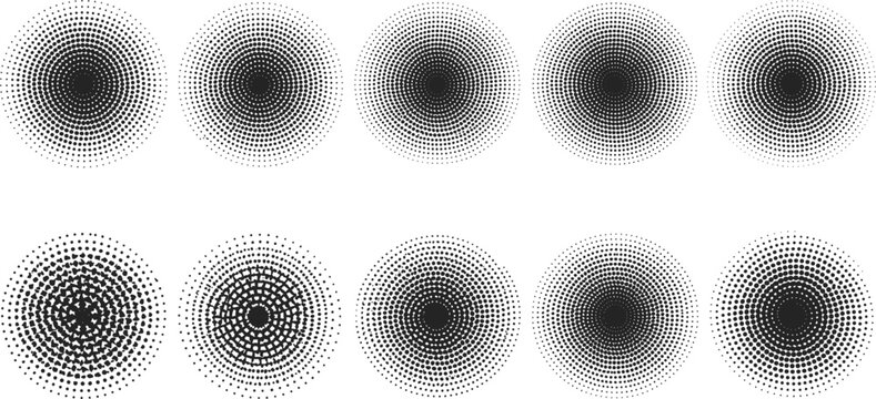 Halftone circle gradients set radial dot patterns black and white abstract textures retro print effect vector illustration collectio