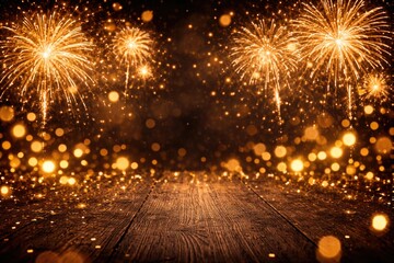 Fototapeta premium Joyful New Year party backdrop showing golden fireworks and glowing bokeh on a textured dark wood surface