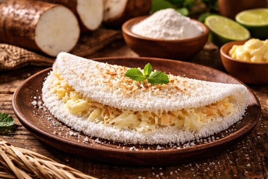 Freshly prepared cassava starch Beiju from Brazilian coastal cuisine