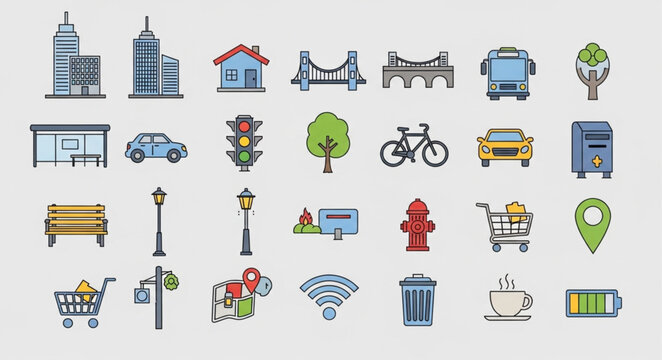 Collection of City Icons and Symbols for Urban Life.