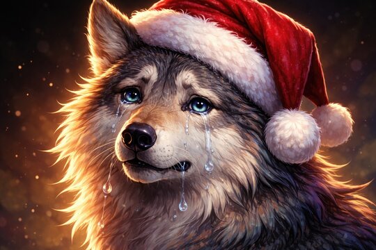 gradient style hand drawn wolf crying while dressed in santa hat