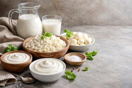 Concrete table display of dairy items including cottage cheese yogurt sour cream milk and mozzarella with copy space for text