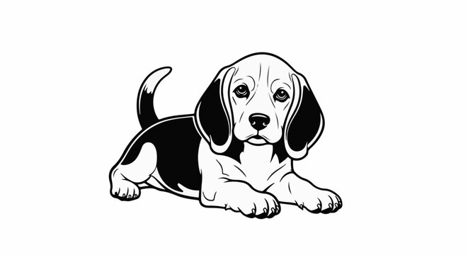 Black and white illustration of a cute beagle puppy lying down