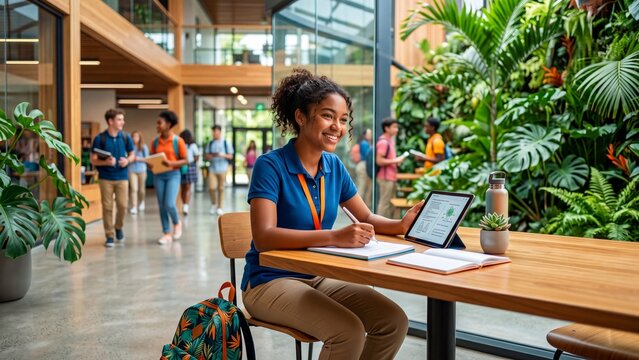 African American woman student writing in notebook using tablet in modern plant-filled atrium. Technology and green education concept