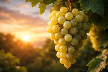 Fototapeta premium Close up of white grape bunch hanging with copy space and sunset sky behind