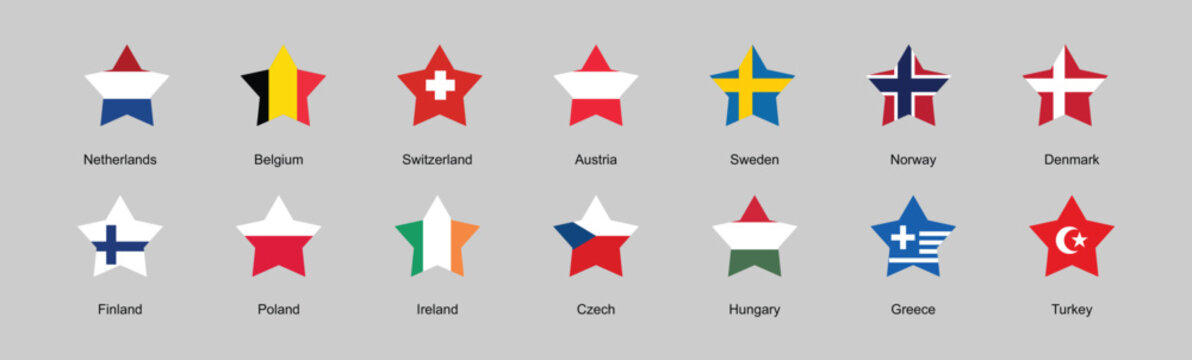 Collection of country flags in star shapes on gray background