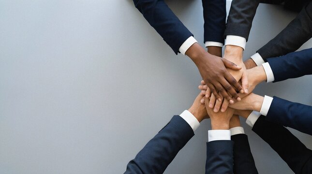 Diverse business group stacking hands in a unity gesture for teamwork
