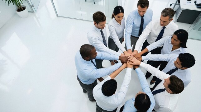 Diverse business team in a huddle with hands together showing unity
