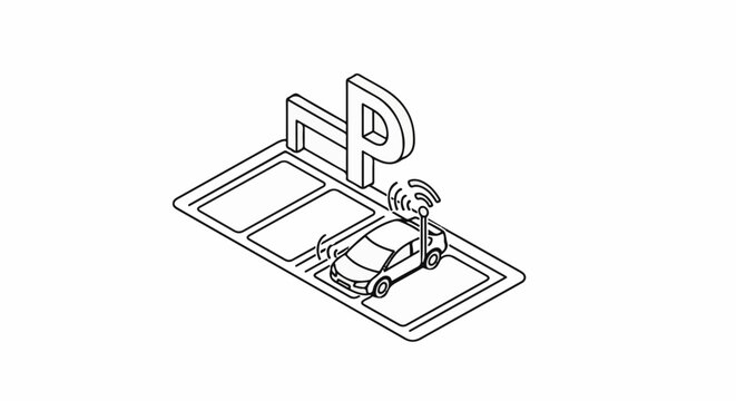 Isometric illustration of a smart parking system with a connected car and parking sign