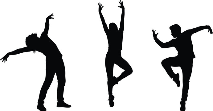 Expressive silhouettes of three dancers in dynamic poses, energetic movement, rhythm, and artistic choreography isolated on white background