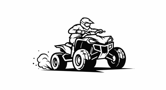 Stylized black and white drawing of a person riding an all-terrain vehicle