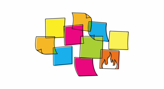Colorful abstract sticky notes and a fiery icon overlap on white