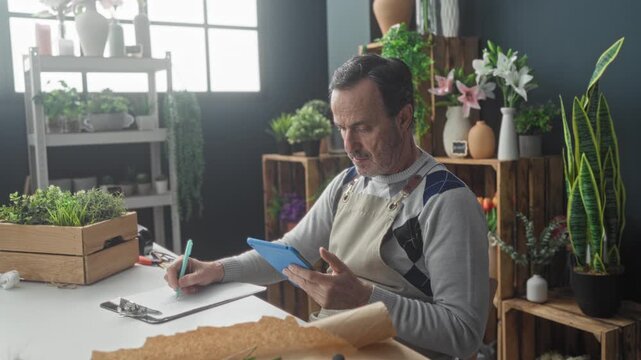 Man florist holds tablet and writes on clipboard amid wooden crates of flowers in a shop building; planning inventory concentration.