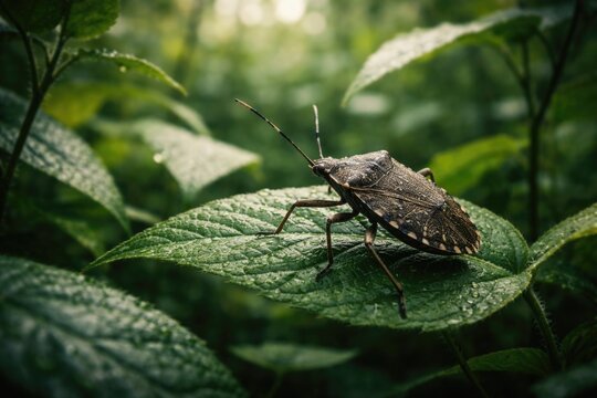 Halyomorpha halys insect exploring dense wild plant leaves