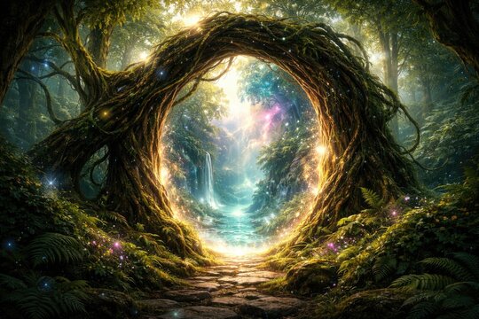 A wondrous portal with a curved tree limb frame opening to an extraordinary dimension in a lush forest