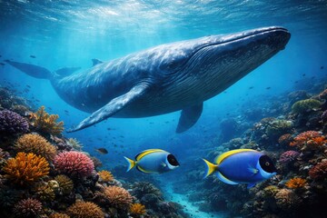 Fototapeta premium graceful blue whale moving with two fish through a vivid coral reef backdrop