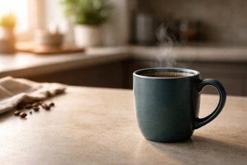 Fototapeta premium Dark teal ceramic coffee cup on kitchen counter with open copy space for offers