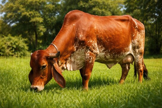 Delightful Gir cow pet feeding joyfully in dense green grass lawn on bright summer day
