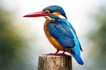 Fototapeta premium Elegant kingfisher bird with vivid blue feathers and red beak on wooden stake against white